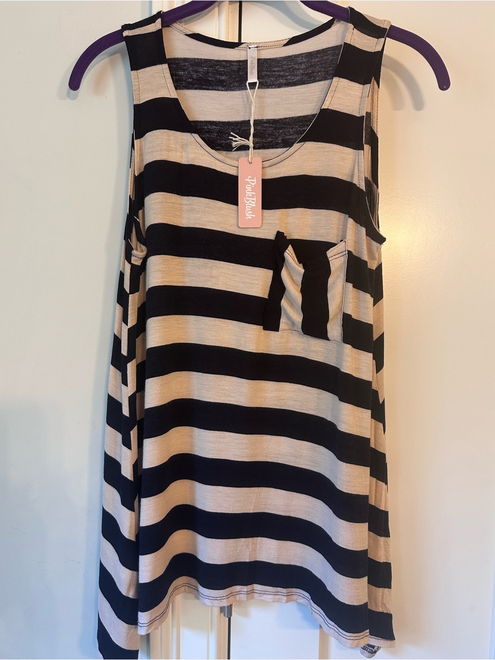 Pinkblush Black and Cream Striped Pocket Tank